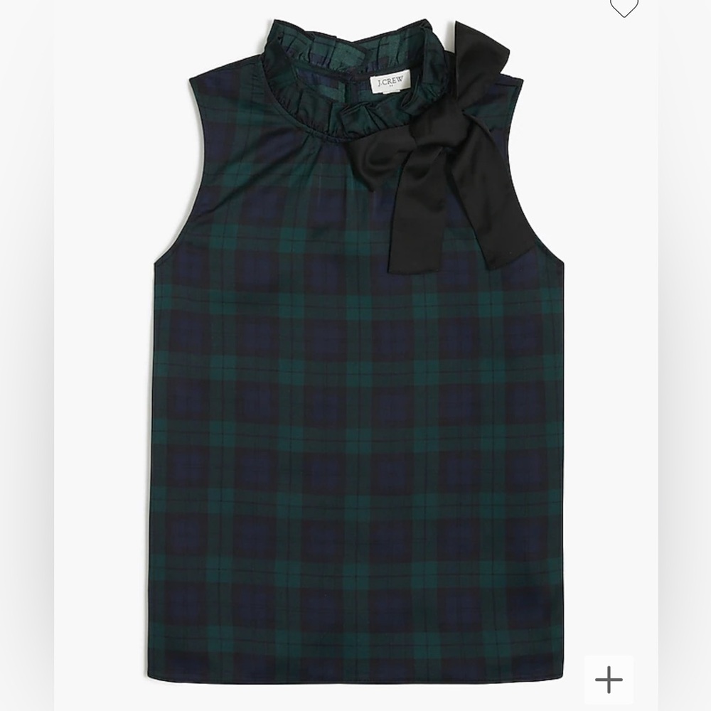 NWT J. Crew Black Watch plaid bow-neck ruffle top